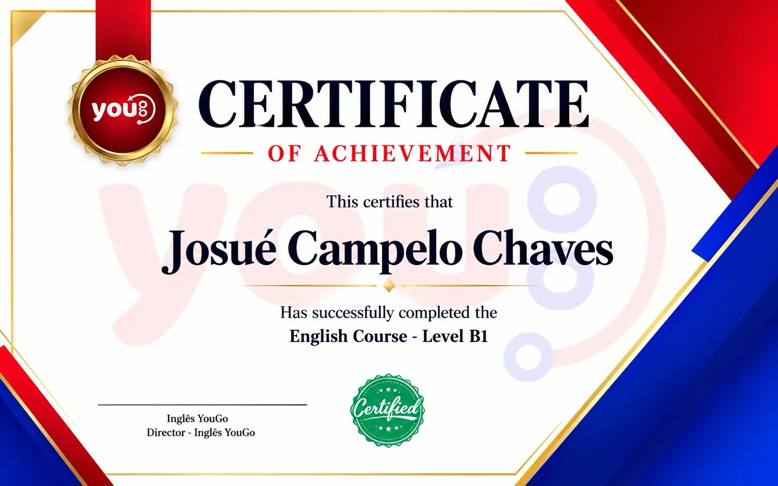 Exemplo de certificado do Inglês YouGo, nível B1